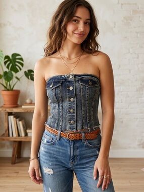 SO Denim Corset Tube Top Button Front Smocked Back Medium